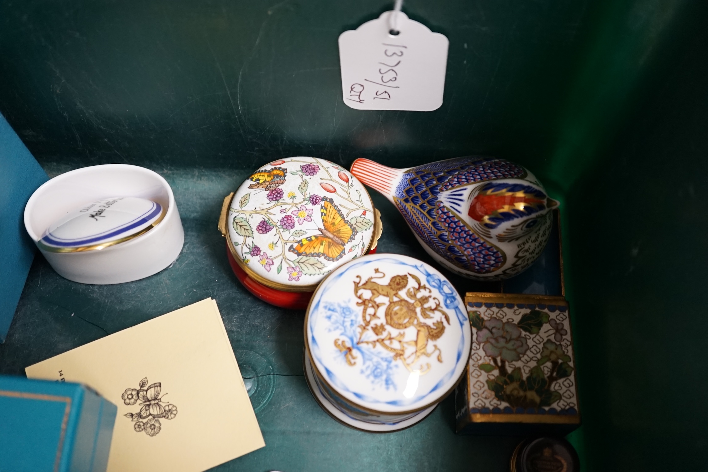 A collection of curios to include Halcyon Days, Bilston and Limoges enamel boxes, a Chinese champleve enamel box, a Royal Crown Derby bird, etc. largest 16cm wide